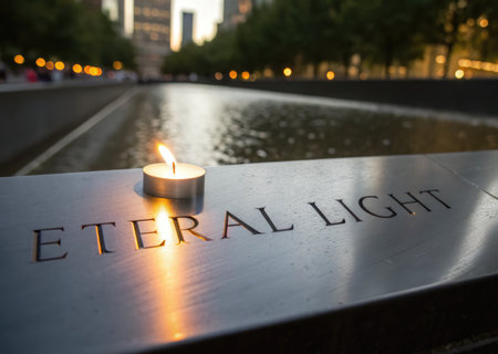 A candle burns brightly near the 9/11 memorial, evoking remembrance and hope for the future. The inscription 'Eternal Light' is visible.の写真素材