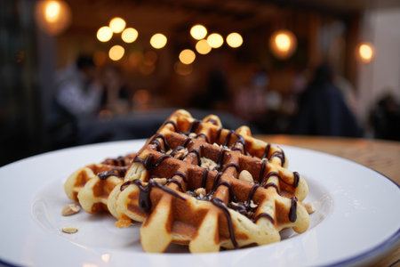 Close up view of delicious waffles with chocolate sauce and nuts on a white plate, perfect for...