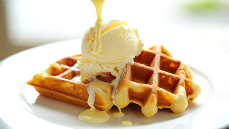A Belgian waffle topped with vanilla ice cream and sauce, presented on a white plate, close up.の写真素材