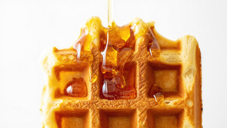 A close up shot of a Belgian waffle with syrup being poured on top against a plain white background.の写真素材