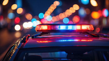 A close up shot of a police car's emergency lights at night, with blurred city lights in the background.の写真素材