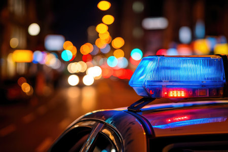 Close up shot of a police car's emergency lights flashing at night, with a blurred background of...