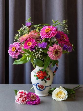 A vibrant floral arrangement featuring a variety of colorful flowers in a decorative vase, set against a gray backdrop.の写真素材