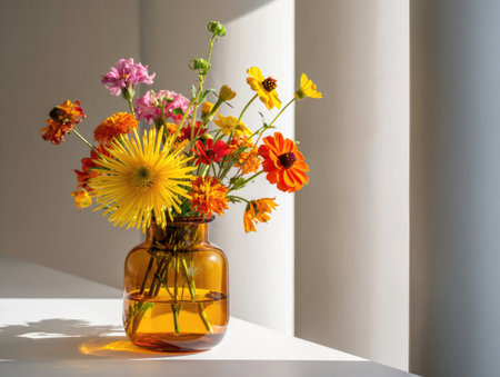 A vibrant floral arrangement in a warm amber vase sits on a white surface, illuminated by soft sunlight, with architectural elements in the background.の写真素材