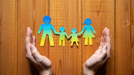 A close up shot of a family made of paper held by a person's hands over a wooden background.