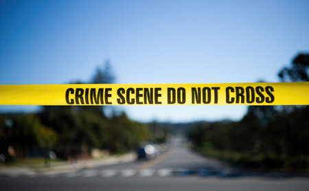 Crime scene tape stretched across a street, marking off the area with a clear warning for people to stay away.の写真素材