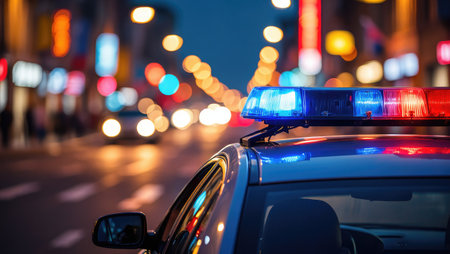 A police car with flashing lights at night on a city street, blurred lights in the background.の写真素材