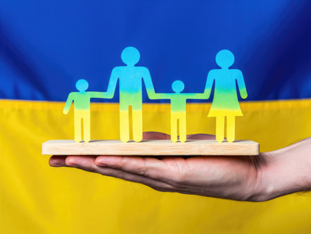 A hand holding a family silhouette against the Ukrainian flag, symbolizing support and unity in times of war and crisis.の写真素材