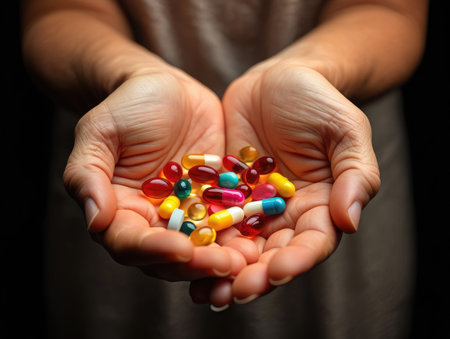 A close up shot of hands holding various colorful pills. Healthcare and medicine concept. Represents medications and supplements.の写真素材
