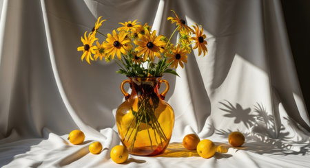 A vibrant still life arrangement featuring yellow flowers, lemons, and a decorative vase set against a draped white cloth, illuminated by sunlight.の写真素材