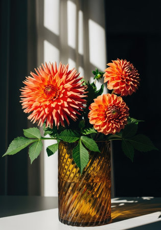 A vibrant bouquet of orange dahlias in a decorative glass vase, placed on a white surface.の写真素材