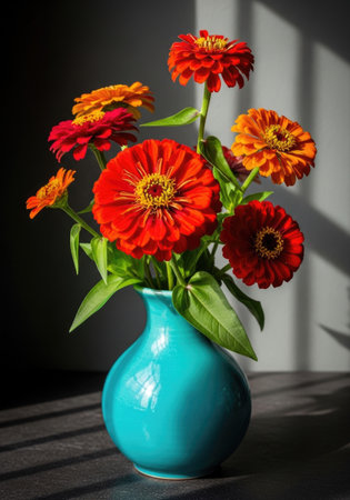 A beautiful arrangement of colorful zinnia flowers in a turquoise vase, set against a soft, natural light.の写真素材