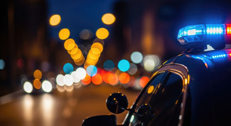 A close up of a police car with flashing lights at night. The blurred background shows city lights.の写真素材