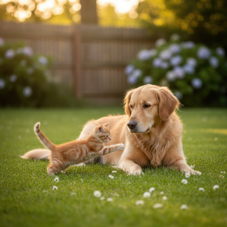 An adorable golden retriever watches a playful kitten in a lush, green garden filled with wildflowers. The soft sunlight creates a warm, inviting scene.の写真素材