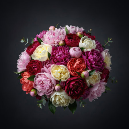 A beautiful bouquet of colorful peonies in full bloom, with varying shades of pink, red, and cream, creating a stunning visual. The arrangement is set against a dark gray background.の写真素材