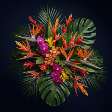 This vibrant floral arrangement features exotic flowers and lush green leaves, perfect for a sophisticated aesthetic.の写真素材