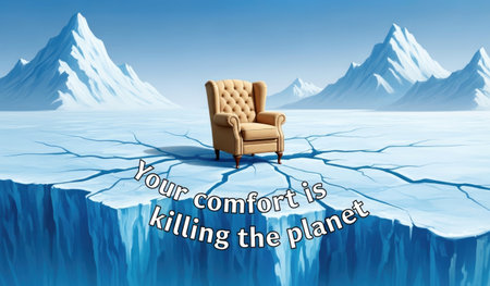 An armchair sits on a melting glacier, with the message 'Your comfort is killing the planet'.の写真素材