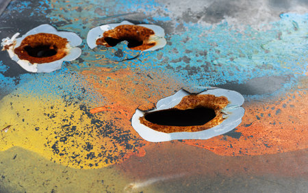 Artifacts of the war in Ukraine. Close-up of a damaged vehicle marked by gunfire, representing traces of war and violence.の写真素材