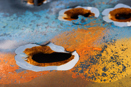 Artifacts of the war in Ukraine. Close-up of a damaged vehicle marked by gunfire, representing traces of war and violence.の写真素材
