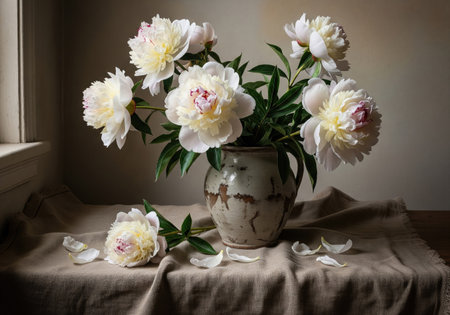 A beautiful still life featuring a bouquet of white peonies with delicate pink accents, arranged in a vintage ceramic vase, set against a neutral backdrop.の写真素材