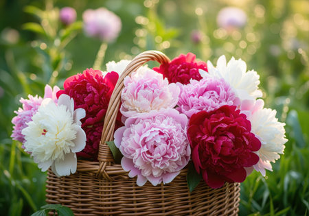 A vibrant display of colorful peonies overflowing from a woven basket, set against a backdrop of lush greenery and soft sunlight. The flowers' varied hues create a captivating visual experience.の写真素材