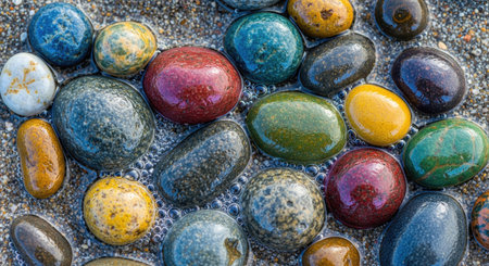 A close up shot of various colorful stones in water. The stones have a polished appearance with vibrant colors. The composition features bubbles.の写真素材