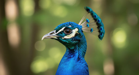 A beautiful peacock is captured in a close up, showcasing its majestic blue feathers and intricate details. The bird is set against a blurred green background.の写真素材