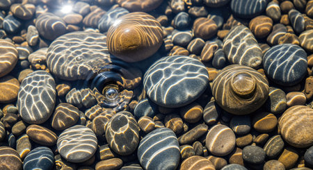 An eye-level close up shot of clear water with smooth stones in the water with reflections and sunlight.の写真素材