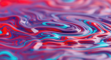 Close up of a swirling abstract pattern featuring a mix of blue, red, and purple hues. The glossy...