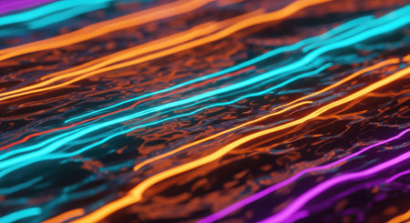 Vibrant streaks of light in various colors weave across a dark, textured surface, creating an eye catching visual.の写真素材