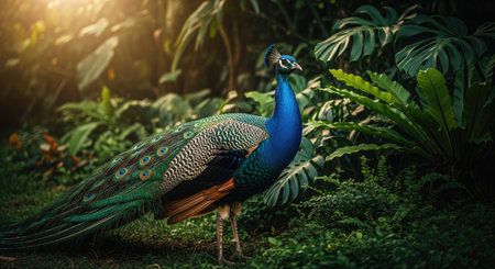 A vibrant peacock with iridescent blue and green feathers stands amidst dense tropical foliage, bathed in sunlight, creating a stunning scene.の写真素材