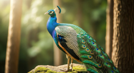 A vibrant peacock showcases its iridescent feathers, perched elegantly amidst a lush forest setting bathed in sunlight.の写真素材
