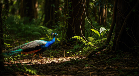 A beautiful peacock strides through a sunlit forest, surrounded by vibrant green foliage and dappled...
