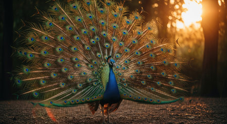 A stunning peacock spreads its iridescent tail feathers in a forest setting, bathed in warm sunlight creating a beautiful scene of nature.の写真素材