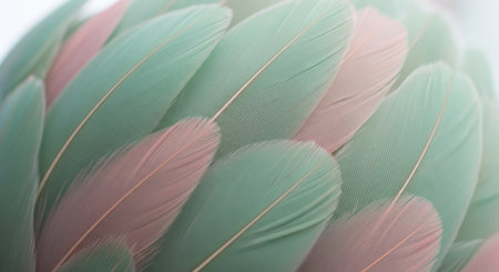 A beautiful close up shot of overlapping feathers. The feathers have a gradient of green and pink colors.の写真素材