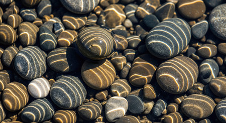 Close up of smooth stones at the bottom of the river reflecting the sun's light.の写真素材