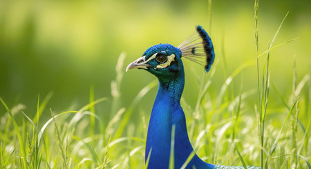 A close up shot showcases a majestic peacock amidst a lush field. The bird's vibrant blue plumage and crest are strikingly detailed.の写真素材