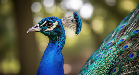 A majestic peacock displays its striking blue and green feathers in a detailed close up shot, set...