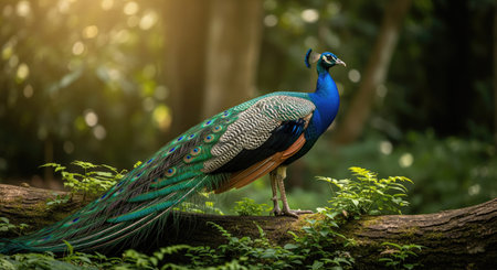 A vibrant peacock displays its plumage on a log surrounded by lush greenery, bathed in soft sunlight filtering through the trees.の写真素材