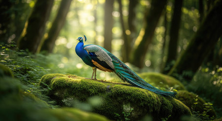 A stunning peacock stands proudly on a moss covered rock in a sunlit forest. The vibrant colors of the bird contrast beautifully with the green background.の写真素材