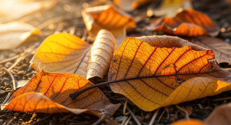 Close up of fallen autumn leaves displaying intricate details. The sunlight emphasizes the vibrant...