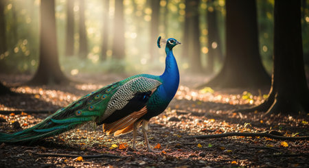 A vibrant peacock stands in a sun dappled forest, showcasing its iridescent blue and green plumage, with sunlight filtering through the trees.の写真素材