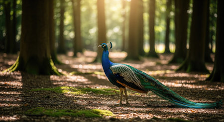 A vibrant peacock displays its feathers while standing in a lush, sun-dappled forest surrounded by tall trees and soft light.の写真素材