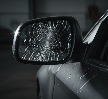 Close up of a car side mirror with shattered glass, revealing the aftermath of a car accident or vandalism, showing damage.の写真素材