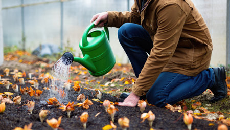 A man is kneeling down in a garden, using a green watering can to water the new plants that are...