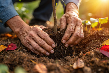 An elderly person carefully planting a young tree in fertile soil, focusing on environmental care...