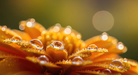 Close up of an orange flower with water droplets, creating a beautiful and artistic view. The...