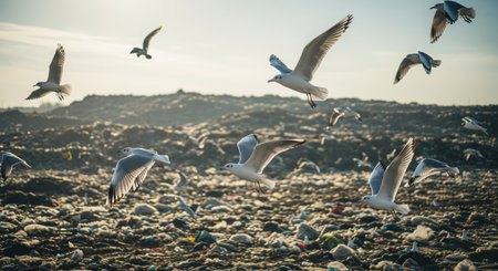 Numerous seagulls are captured in flight above a sprawling landfill, basking in the sunlight on a...