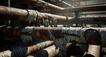 An image of rusty pipes, some wrapped in tattered cloth, creating a sense of age and decay in an...