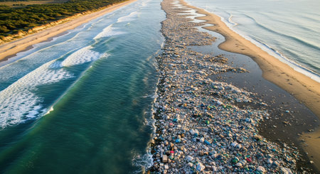 An aerial view shows a beach severely polluted with plastic waste, highlighting the consequences of...